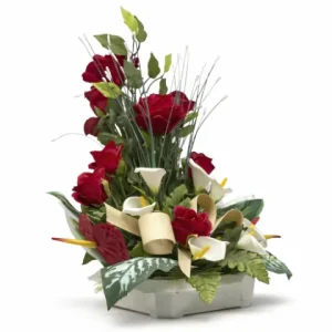 Composition fleurs rouge et noeud carton