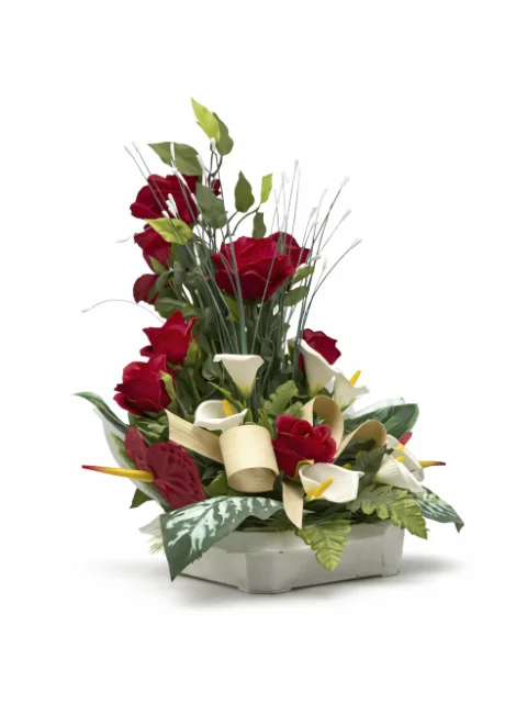 Composition fleurs rouge et noeud carton