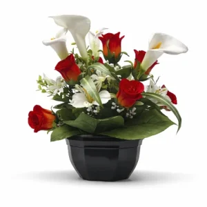 Composition rose rouge et fleurs blanches