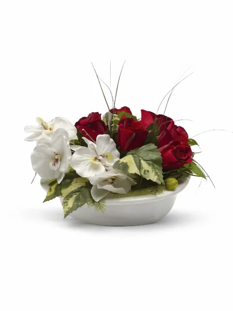 Composition rose rouge, fleurs blache (petite)