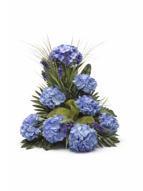 Devant de tombe boules fleurs bleu