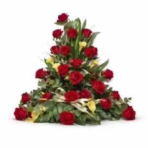 Devant de tombe rose rouge fleur jaune