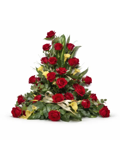 Devant de tombe rose rouge fleur jaune