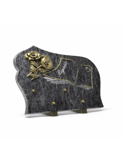 Plaque granit bronze fleur et motif livre