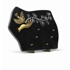 Plaque granit noir bronze main oiseau et motif fleur