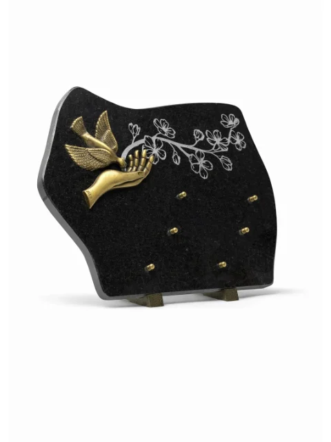 Plaque granit noir bronze main oiseau et motif fleur