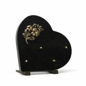 Plaque granit noir coeur bronze fleur