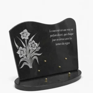 Plaque granit noir motif fleur et texte