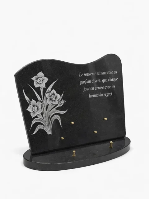 Plaque granit noir motif fleur et texte