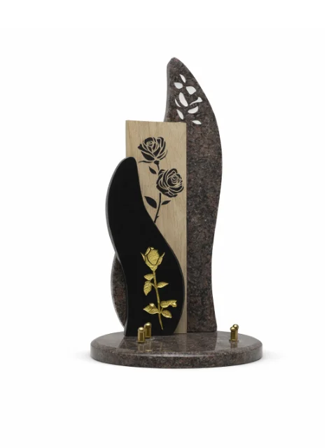 Plaque granit noir, rose, bois et motif rose