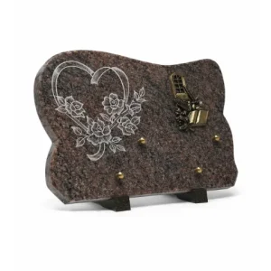 Plaque granit rose motif coeur, bronze fenetre livre oiseau