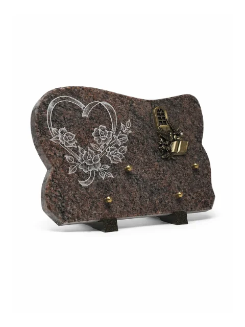 Plaque granit rose motif coeur, bronze fenetre livre oiseau