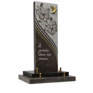 Plaque granit vertical motif papillon et bronze oiseau
