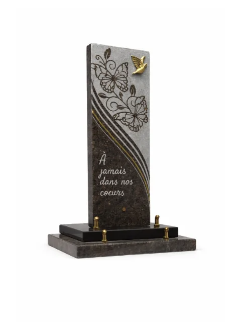 Plaque granit vertical motif papillon et bronze oiseau