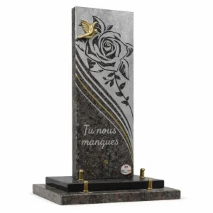 Plaque granit vertical motif rose et bronze oiseau