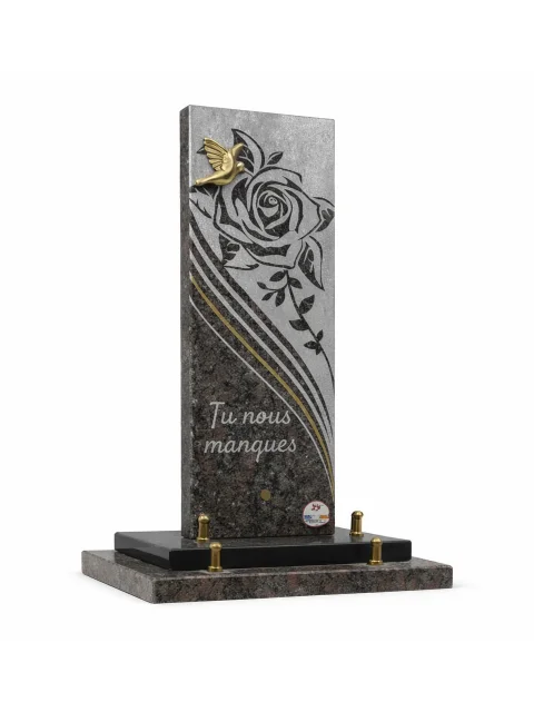 Plaque granit vertical motif rose et bronze oiseau