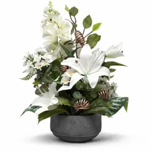 Pot gris de fleurs blanche