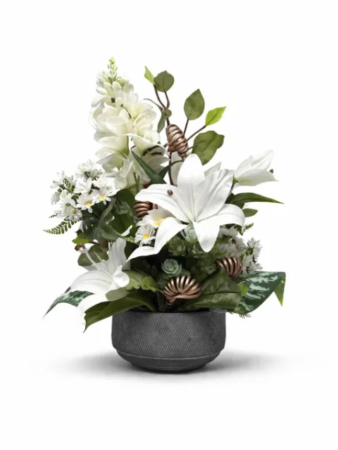 Pot gris de fleurs blanche