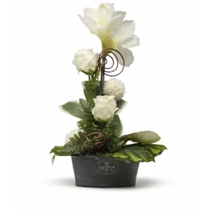 Pot métal fleurs blanche