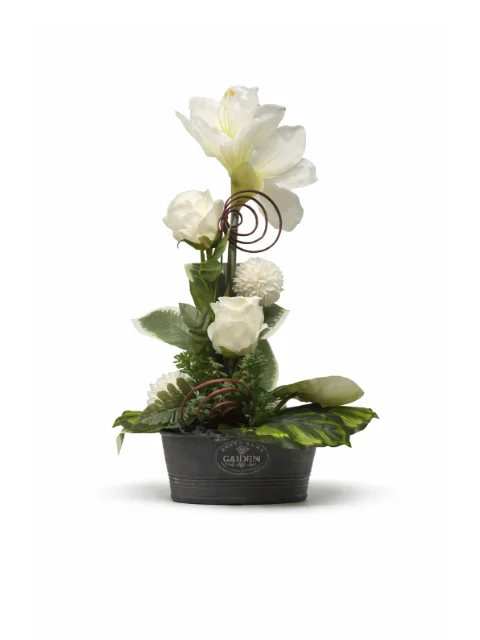 Pot métal fleurs blanche